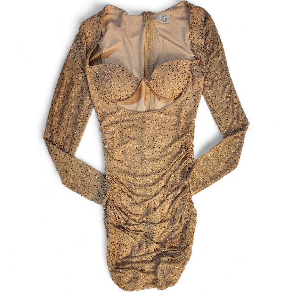 Oh Polly Mini Dress Size 4 Tan Long Sleeve Rhinestone Embellished Scrunch Zipper